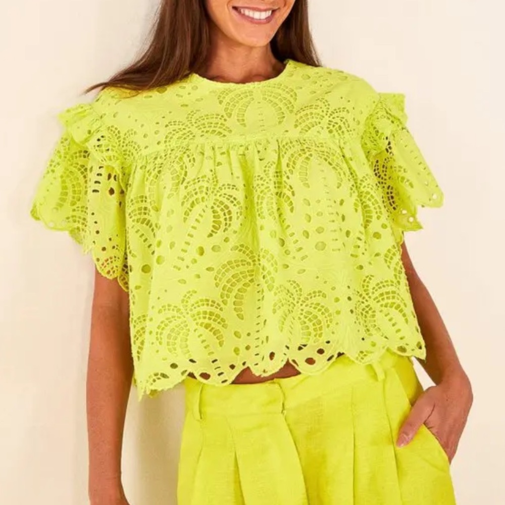 Farm Rio Palm Tree Richelieu Cotton Eyelet Crop Blouse in Lime Green size S